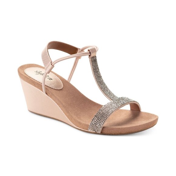 Style & Co Shoes - Style & Co Womens Mulan Embellished Wedge Sandals Blush Silver Size 8.5M NIB